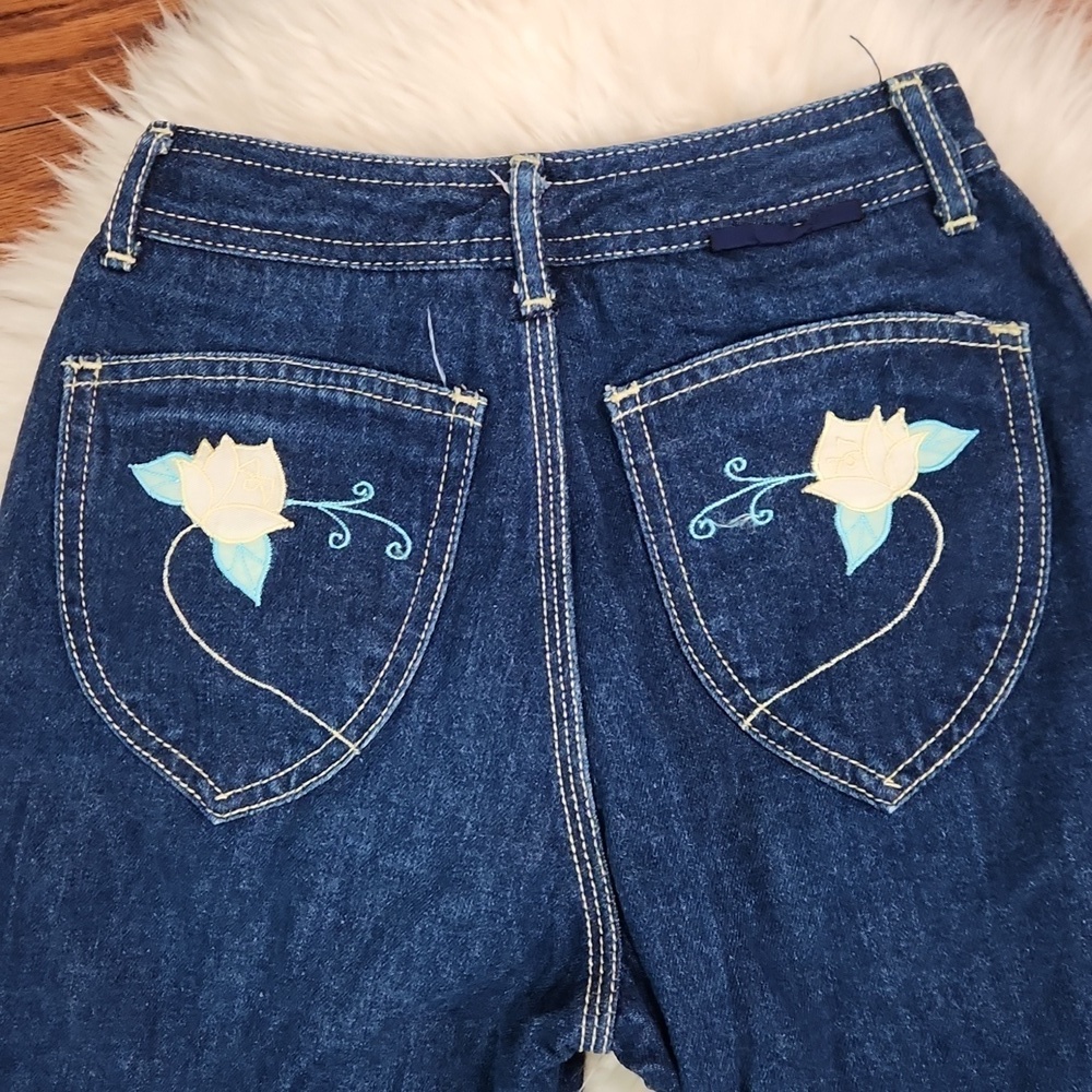 Vintage 70's Organically Grown Embroidered Pocket High Rise Dark Wash Jeans - Picture 8 of 10